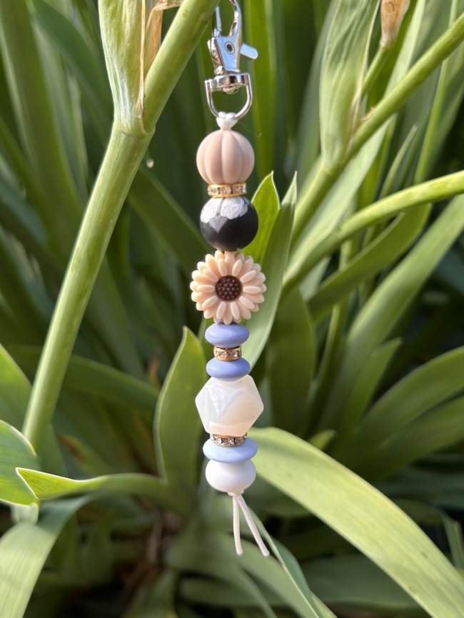 Porte clefs - Fleur beige-bleu